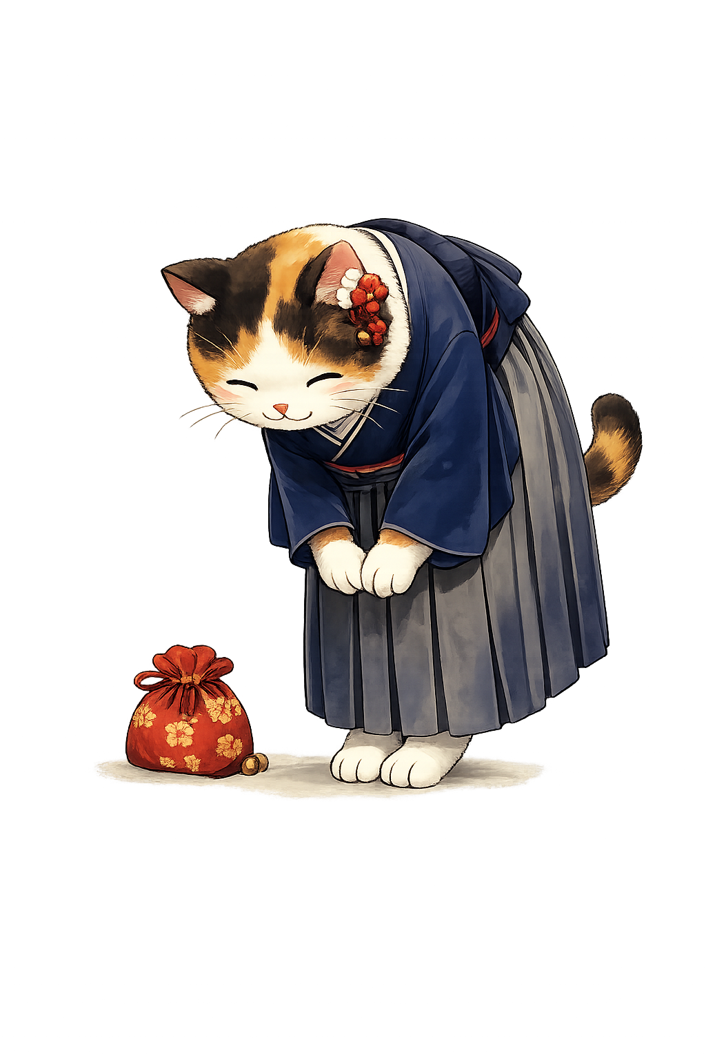 はかま姿の三毛猫がお辞儀しているイラスト